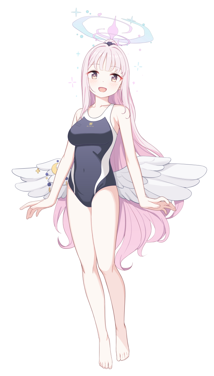 1girl :d angel_wings bare_arms bare_legs bare_shoulders barefoot black_one-piece_swimsuit blue_archive blunt_bangs breasts collarbone competition_school_swimsuit dot_nose full_body grey_eyes halo highres large_breasts light_blush long_hair looking_at_viewer low_wings mika_(blue_archive) one-piece_swimsuit open_mouth pink_hair saiste school_swimsuit simple_background smile solo sparkle swimsuit trinity_general_school_swimsuit very_long_hair white_background white_wings wing_ornament wings