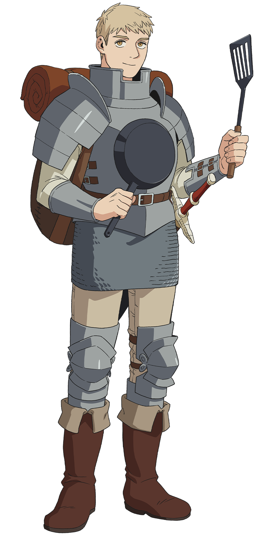 1boy armor backpack bag blonde_hair boots brown_bag brown_eyes brown_footwear brown_pants dungeon_meshi full_body highres holding holding_saucepan holding_spatula laios_thorden looking_at_viewer official_art pants pauldrons plate_armor short_hair shoulder_armor simple_background solo spatula sword tachi-e transparent_background vambraces weapon