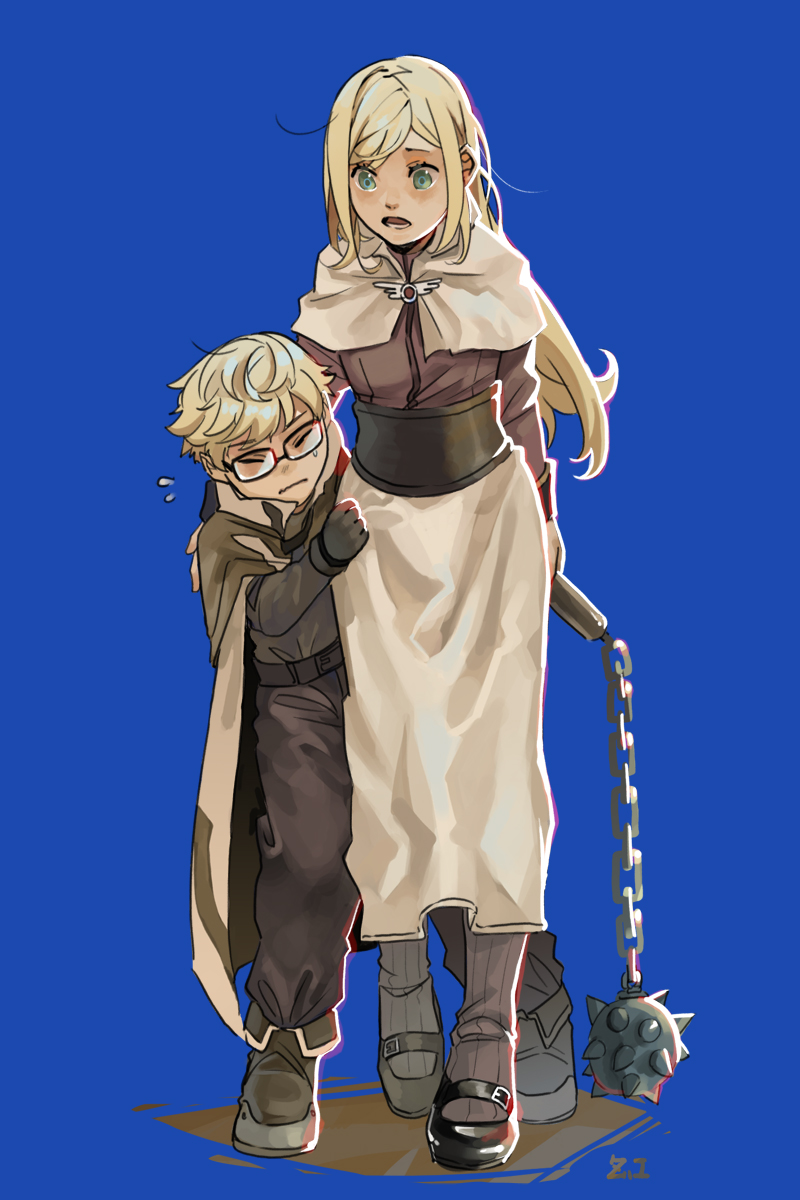 1boy 1girl acolyte_(ragnarok_online) black-framed_eyewear blonde_hair blue_background blue_eyes boots brown_capelet brown_footwear brown_pants brown_shirt cape capelet chinese_commentary closed_eyes closed_mouth commentary_request dated_commentary flail full_body glasses highres holding_flail long_hair long_sleeves looking_at_another looking_to_the_side mage_(ragnarok_online) medium_bangs open_mouth pants ragnarok_online shirt shoes short_hair simple_background standing weapon white_cape z.i