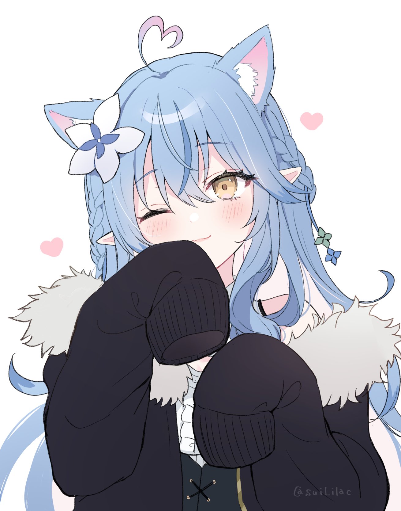 1girl :3 ahoge animal_ear_fluff animal_ears black_coat black_vest blue_hair braid cat_ears coat extra_ears flower fur-trimmed_coat fur_trim hair_flower hair_ornament heart heart_ahoge highres hololive kemonomimi_mode light_blush long_hair one_eye_closed open_clothes open_coat paw_pose pointy_ears shirt sleeveless sleeveless_shirt sleeves_past_fingers sleeves_past_wrists smile solo sui_(camellia) upper_body vest virtual_youtuber white_shirt yellow_eyes yukihana_lamy