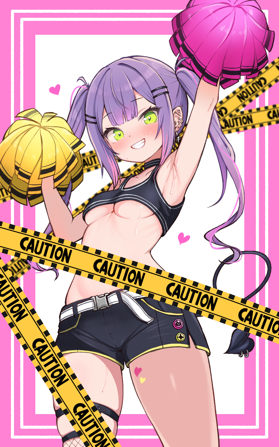 1girl armpits belt blush caution_tape cheerleader choker commission crop_top demon_tail earrings green_eyes grin hair_ornament hairclip highres hololive jewelry kani_bonara long_hair looking_at_viewer midriff multiple_earrings pom_pom_(cheerleading) purple_hair shorts skeb_commission skindentation smile solo sweat tail thigh_strap tokoyami_towa tokoyami_towa_(1st_costume) twintails virtual_youtuber