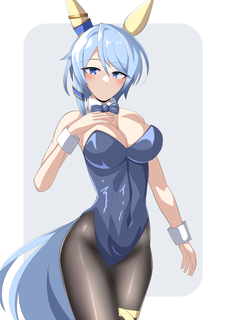 1girl animal_ears black_pantyhose blue_background blue_bow blue_bowtie blue_eyes blue_hair blue_leotard bow bowtie breasts detached_collar ear_covers horse_ears horse_girl horse_tail ishitsuma_canon k.s.miracle_(umamusume) large_breasts leotard looking_at_viewer nontraditional_playboy_bunny pantyhose short_hair solo strapless strapless_leotard tail two-tone_background umamusume wrist_cuffs