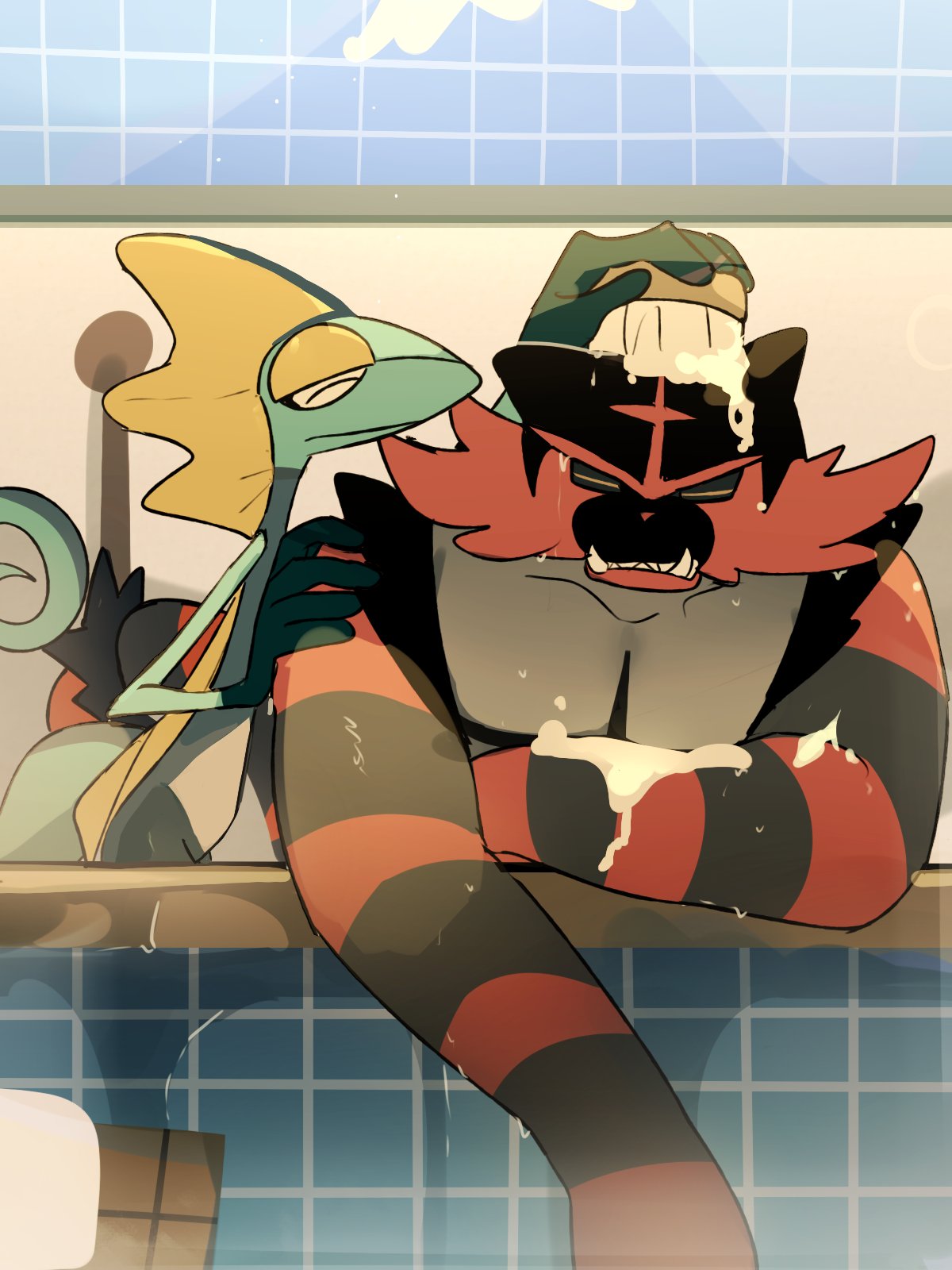 black_fur cleaning closed_eyes commentary_request fangs furry grey_fur highres incineroar indoors inteleon multicolored_fur pokemon pokemon_(creature) red_fur shared_bathing suikaels