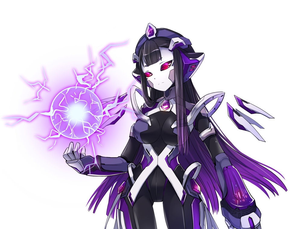 1girl arm_armor armor black_bodysuit black_hair bodysuit breasts closed_mouth colored_skin cowboy_shot dot_nose electricity electrokinesis energy_ball game_cg gem gradient_hair headgear large_breasts long_hair master_of_eternity multicolored_hair non-web_source official_art purple_armor purple_gemstone purple_hair ranthea_(master_of_eternity) red_eyes robot_girl sidelocks simple_background solo thigh_armor transparent_background two-tone_hair very_long_hair white_skin
