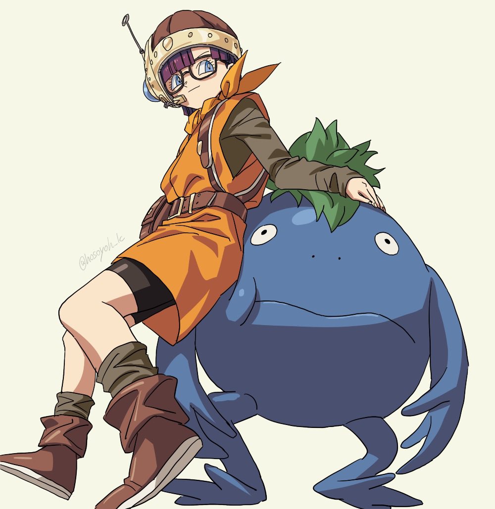 1girl 1other antennae bike_shorts black_shorts blue_eyes blue_skin blunt_bangs boots brown_footwear chrono_trigger colored_skin creature full_body glasses grey_shirt grey_socks headset helmet hosodayo long_sleeves lucca_ashtear neckerchief nu_(chrono_trigger) orange_neckerchief orange_tunic purple_hair shirt short_hair shorts socks twitter_username