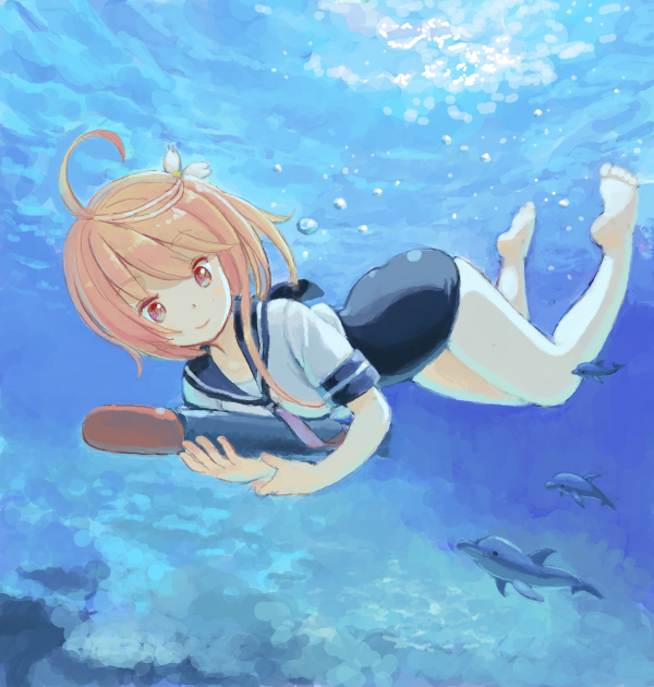 1girl ahoge air_bubble bad_drawr_id bad_id bare_legs barefoot bubble closed_mouth dolphin feet fish full_body hair_ornament holding i-58_(kancolle) kantai_collection kokudou_juunigou legs oekaki one-piece_swimsuit orange_hair pink_eyes pink_hair red_eyes sailor_collar school_swimsuit school_uniform serafuku short_hair smile soles solo swimsuit swimsuit_under_clothes toes torpedo underwater