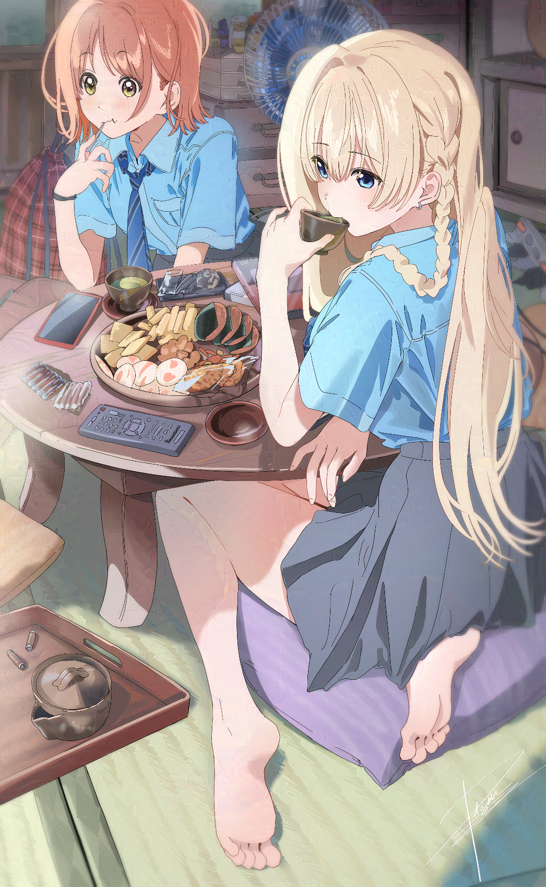 2girls barefoot blonde_hair blue_eyes blue_necktie blue_shirt braid breast_pocket cellphone chabudai_(table) collared_shirt commentary_request controller cup diagonal-striped_clothes diagonal-striped_necktie drinking earrings eating electric_fan food grey_skirt hair_tie hair_tie_on_wrist highres indoors jewelry long_hair looking_ahead multiple_girls necktie orange_hair original phone pocket poligon_(046) remote_control school_uniform shirt shirt_tucked_in short_hair short_sleeves side_braid sitting skirt snack soles striped_clothes table teacup teapot yellow_eyes yokozuwari