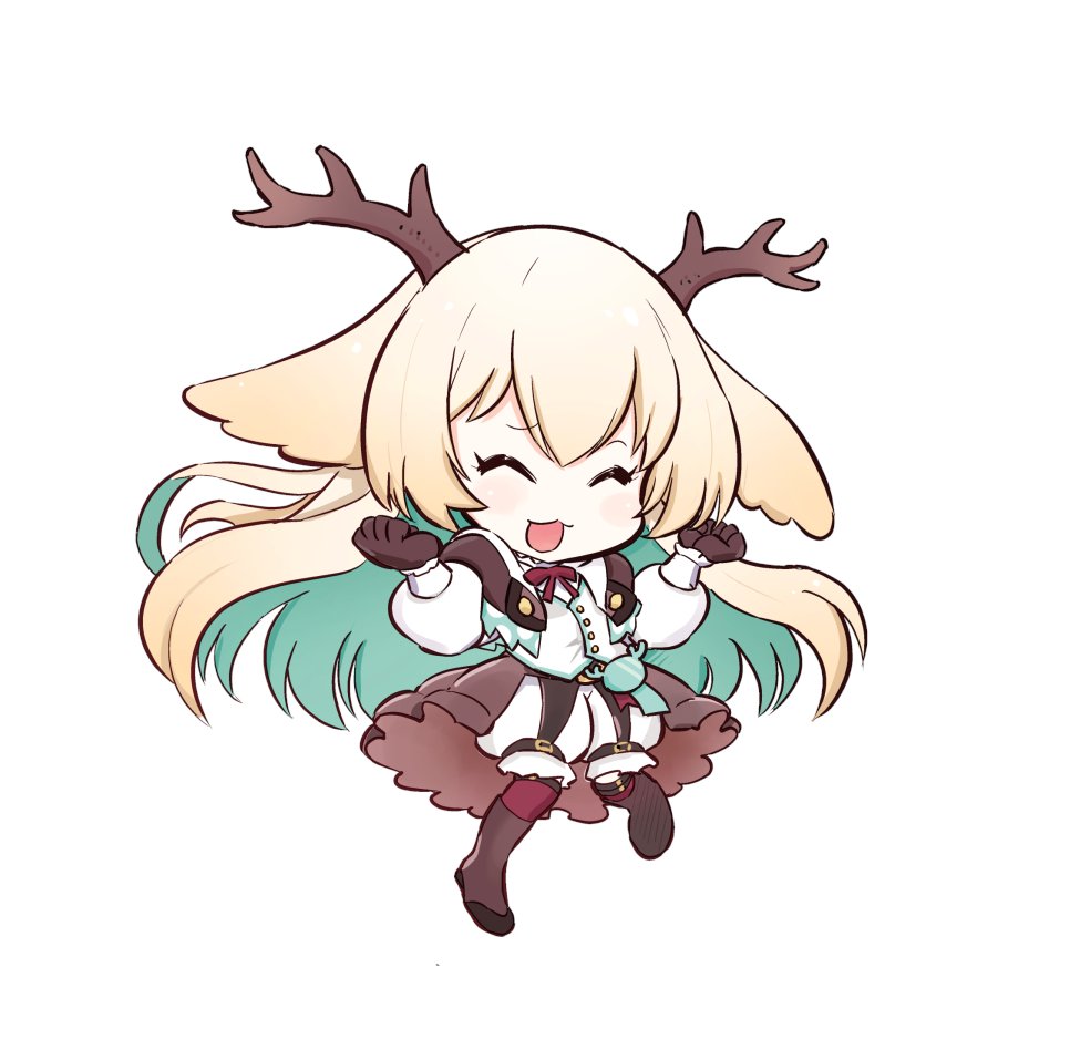 1girl :d adachi_takafumi animal_ears antlers blonde_hair blue_hair blush boots brown_footwear brown_gloves brown_skirt chibi closed_eyes colored_inner_hair commentary_request deer_ears full_body gloves horns long_hair medium_bangs multicolored_hair nanashi_inc. open_mouth puffy_short_sleeves puffy_sleeves shirt short_sleeves shorts showgirl_skirt simple_background skirt smile solo tsukinoki_tirol vest virtual_youtuber white_background white_shirt white_shorts white_vest