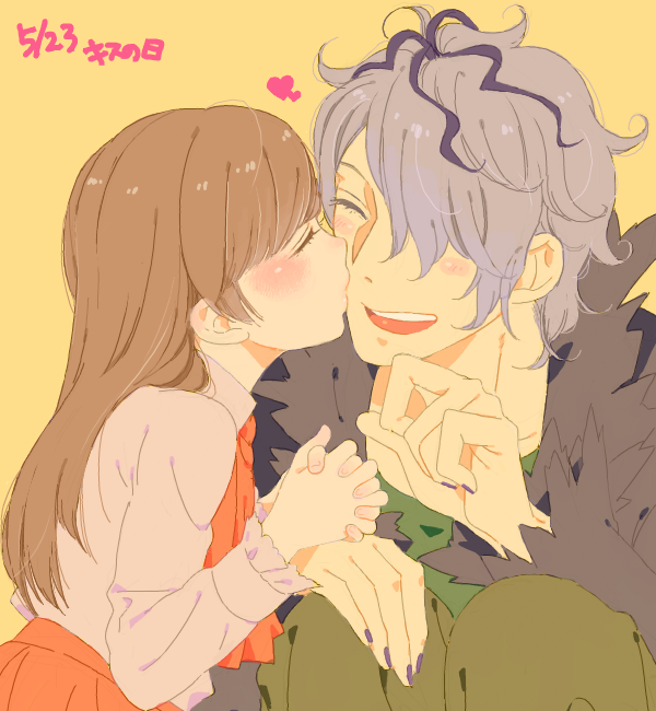 1boy 1girl bad_drawr_id bad_id blush brown_hair closed_eyes couple dated garry_(ib) green_pants grey_hair grey_jacket grey_shirt hair_over_one_eye heart hetero holding_hands ib_(ib) ib_(kouri) interlocked_fingers jacket kiss kissing_cheek long_hair long_sleeves multicolored_hair oekaki open_mouth pants pego_(peco_peco) profile purple_hair purple_nails red_skirt shirt shirt_tucked_in short_hair simple_background skirt smile squatting streaked_hair teeth upper_teeth_only yellow_background