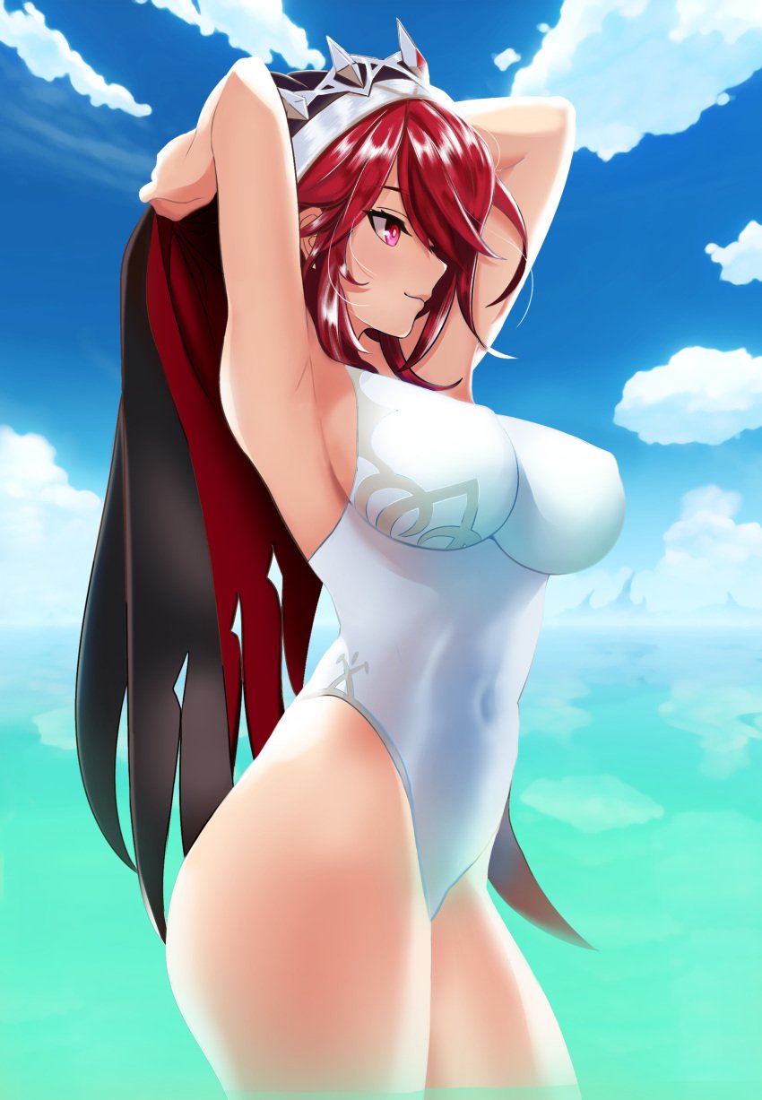 arms_behind_head black_hair breasts closed_mouth covered_nipples from_side genshin_impact happyboynumber1 highres holding holding_hair large_breasts long_hair nipples non-web_source pink_eyes red_hair rosaria_(genshin_impact) simple_background smile swimsuit thighs water