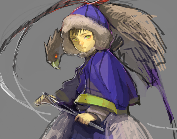 1boy animal_on_shoulder bad_drawr_id bad_id bird bird_on_shoulder blonde_hair blue_capelet blue_hood blue_pants capelet character_request closed_mouth copyright_request fur-trimmed_hood fur_trim green_eyes grey_background holding holding_polearm holding_weapon hood hood_up hooded_capelet kima looking_at_viewer male_focus pants polearm simple_background solo spear vulture weapon