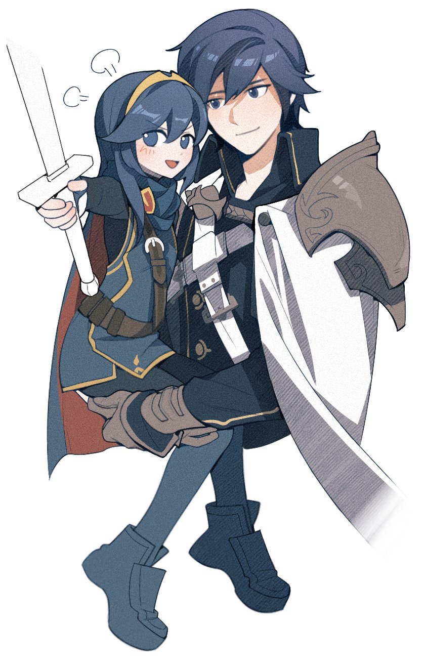 1boy 1girl :d armor blue_cape blue_eyes blue_hair cape carrying chrom_(fire_emblem) father_and_daughter fire_emblem fire_emblem_awakening gloves hair_between_eyes highres holding holding_sword holding_weapon long_hair long_sleeves looking_at_another lucina_(fire_emblem) open_mouth red_cape salted_whale short_hair shoulder_armor smile sword tiara weapon white_cape