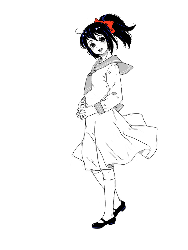 1girl :d bad_drawr_id bad_id bow character_request copyright_request dress full_body greyscale hair_bow kneehighs long_hair long_sleeves looking_at_viewer mary_janes monochrome oekaki open_mouth own_hands_together pego_(peco_peco) ponytail red_bow sailor_collar sailor_dress school_uniform serafuku shoes simple_background skirt smile socks solo spot_color standing white_background