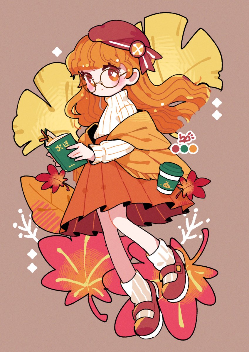 1girl autumn autumn_leaves beret blunt_bangs blush book bookmark brown_background brown_footwear brown_shawl closed_mouth coffee_cup color_guide commentary cup diamond-shaped_pupils diamond_(shape) disposable_cup dot_mouth dot_nose expressionless floating full_body ginkgo_leaf glasses hat high-waist_skirt highres holding holding_book knees_together_feet_apart leaf long_hair long_sleeves looking_at_viewer mary_janes nagino_nichiko no_sclera open_book orange_skirt original pleated_skirt red_hat ribbed_socks ribbed_sweater round_eyewear shawl shoes skirt socks solo sweater symbol-only_commentary symbol-shaped_pupils turtleneck turtleneck_sweater wavy_hair white_socks white_sweater