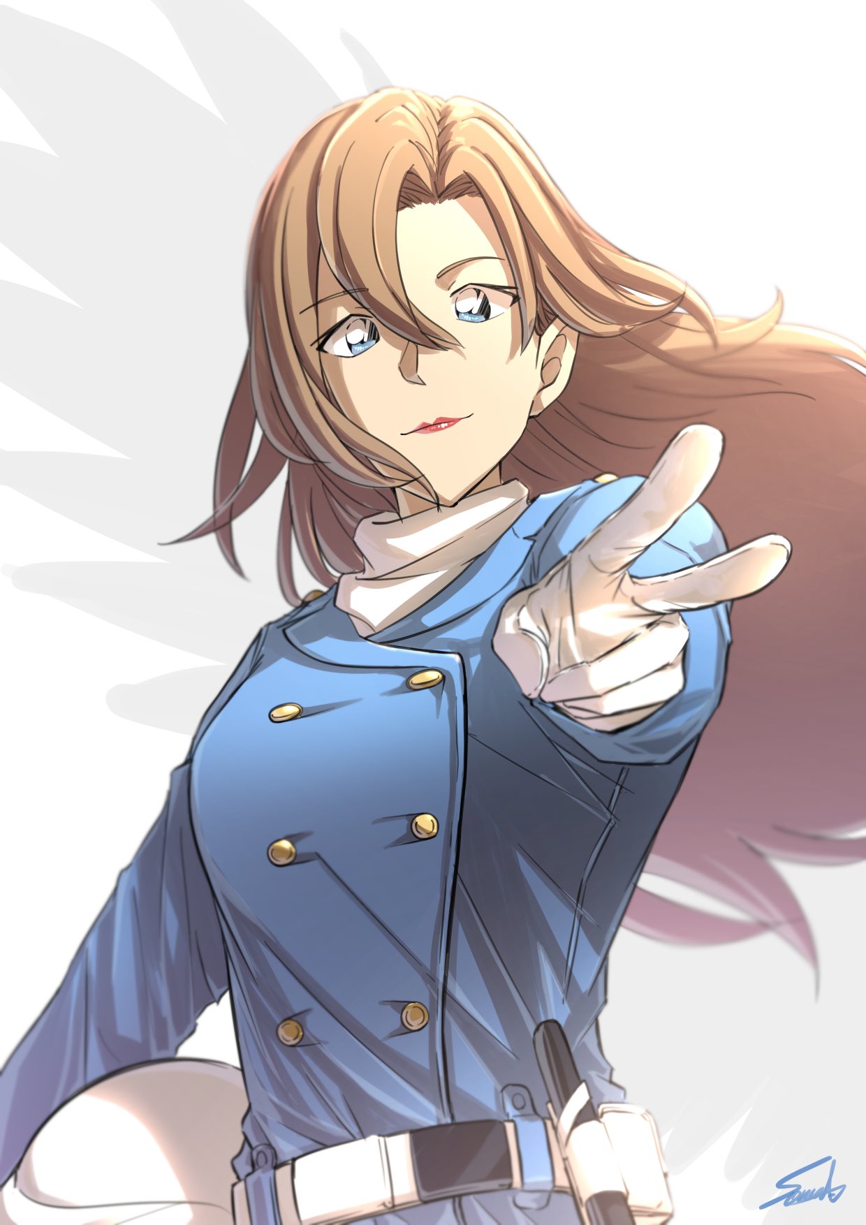 1girl belt blue_eyes brown_hair buttons commentary_request gloves hagiwara_chihaya hair_between_eyes hand_on_own_hip highres light_brown_hair long_hair looking_at_viewer meitantei_conan police police_uniform policewoman red_lips solo sooma4869 uniform upper_body white_gloves wings