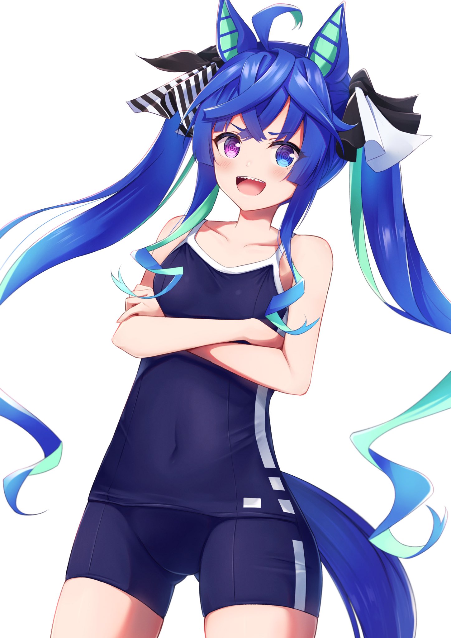 1girl @_@ ahoge animal_ears aqua_hair blue_eyes blue_hair blue_one-piece_swimsuit bow collarbone commentary covered_navel cowboy_shot crossed_arms crossed_bangs hair_bow heterochromia highres horse_ears horse_girl horse_tail long_hair looking_at_viewer miso_(misomiso_154) multicolored_hair one-piece_swimsuit open_mouth purple_eyes sharp_teeth sidelocks simple_background single_vertical_stripe solo striped_bow swimsuit tail teeth tracen_swimsuit twin_turbo_(umamusume) twintails two-tone_hair umamusume upper_teeth_only very_long_hair white_background