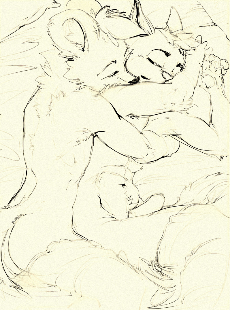 anthro butt cuddling duo erection foreskin genitals hair humanoid_genitalia humanoid_penis lying male monochrome narrowed_eyes navel nude on_side oselotti penis short_hair sketch