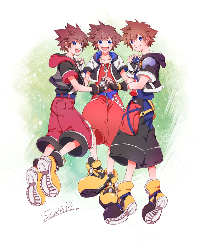 3boys belt black_gloves black_jacket black_shorts blue_belt brown_hair chain_necklace character_name clone closed_mouth crown crown_necklace fingerless_gloves floating gloves green_background grin holding_hands hood hood_down jacket jewelry kingdom_hearts kingdom_hearts_i kingdom_hearts_ii kingdom_hearts_iii looking_at_viewer multiple_boys multiple_persona necklace open_mouth oyatsu_(honeys) puffy_short_sleeves puffy_sleeves red_hood red_shorts shoes short_hair short_sleeves shorts smile sora_(kingdom_hearts) spiked_hair teeth upper_teeth_only white_background white_gloves yellow_footwear