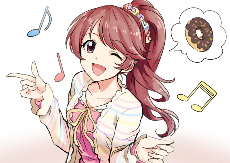 1girl blush breasts brown_eyes brown_hair cardigan collarbone doughnut food gradient_background hair_ornament hair_scrunchie idolmaster idolmaster_cinderella_girls idolmaster_cinderella_girls_starlight_stage index_finger_raised long_hair long_sleeves looking_at_viewer multicolored_scrunchie musical_note one_eye_closed open_mouth pink_shirt ponytail scrunchie shiina_noriko shirt small_breasts smile solo speech_bubble striped_cardigan tsukikage_oyama upper_body white_cardigan