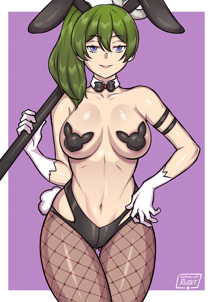 1girl animal_ears bare_shoulders black_bow black_pasties bow breasts collarbone covered_nipples fake_animal_ears fishnet_thighhighs fishnets gloves green_hair hand_on_own_hip holding holding_weapon long_hair looking_at_viewer medium_breasts navel pasties playboy_bunny purple_eyes rabbit_ears rabbit_tail redjet side_ponytail simple_background smile sousou_no_frieren tail thighhighs two-tone_background ubel_(sousou_no_frieren) weapon white_gloves