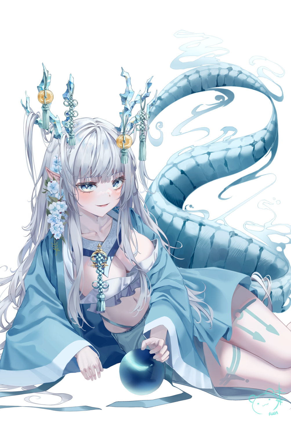1girl blue_eyes blue_flower blue_horns blue_tail blush breasts cleavage commentary dragon_girl dragon_horns dragon_tail flower grey_hair hair_flower hair_ornament highres horn_ornament horns long_hair long_sleeves looking_at_viewer midriff navel open_mouth original pointy_ears ruda_(ruda_e) smile solo symbol-only_commentary tail tassel wide_sleeves