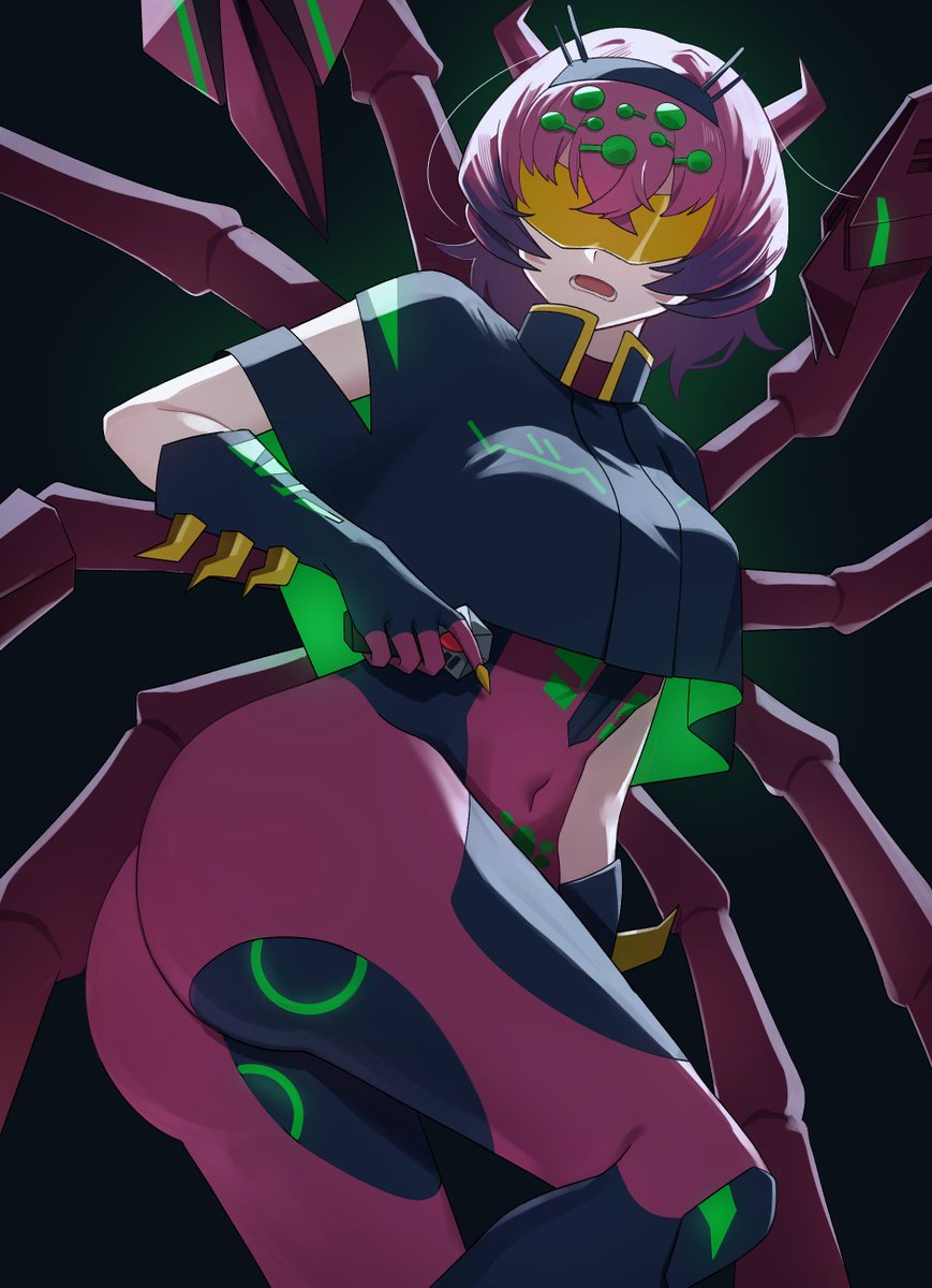 1girl beast_wars beast_wars:_transformers black_background black_gloves black_shirt bodysuit covered_navel crop_top crop_top_overhang cropped_shirt extra_legs genderswap genderswap_(mtf) gloves highres horns humanization idzuki_kenkyu-in mechanical_legs open_mouth purple_bodysuit purple_hair shirt short_hair skin_tight solo sunglasses tarantulas tinted_eyewear transformers yellow-tinted_eyewear