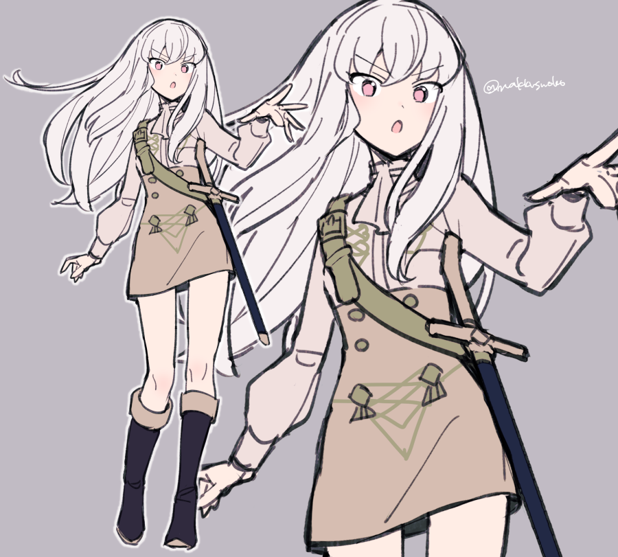 1girl :o ascot black_footwear boots brown_skirt buttons commentary do_m_kaeru fire_emblem fire_emblem:_three_houses floating_hair full_body garreg_mach_monastery_uniform grey_background high-waist_skirt long_hair long_sleeves looking_at_viewer lysithea_von_ordelia pink_eyes sheath sheathed shirt simple_background skirt solo sword twitter_username uniform weapon white_ascot white_hair white_shirt