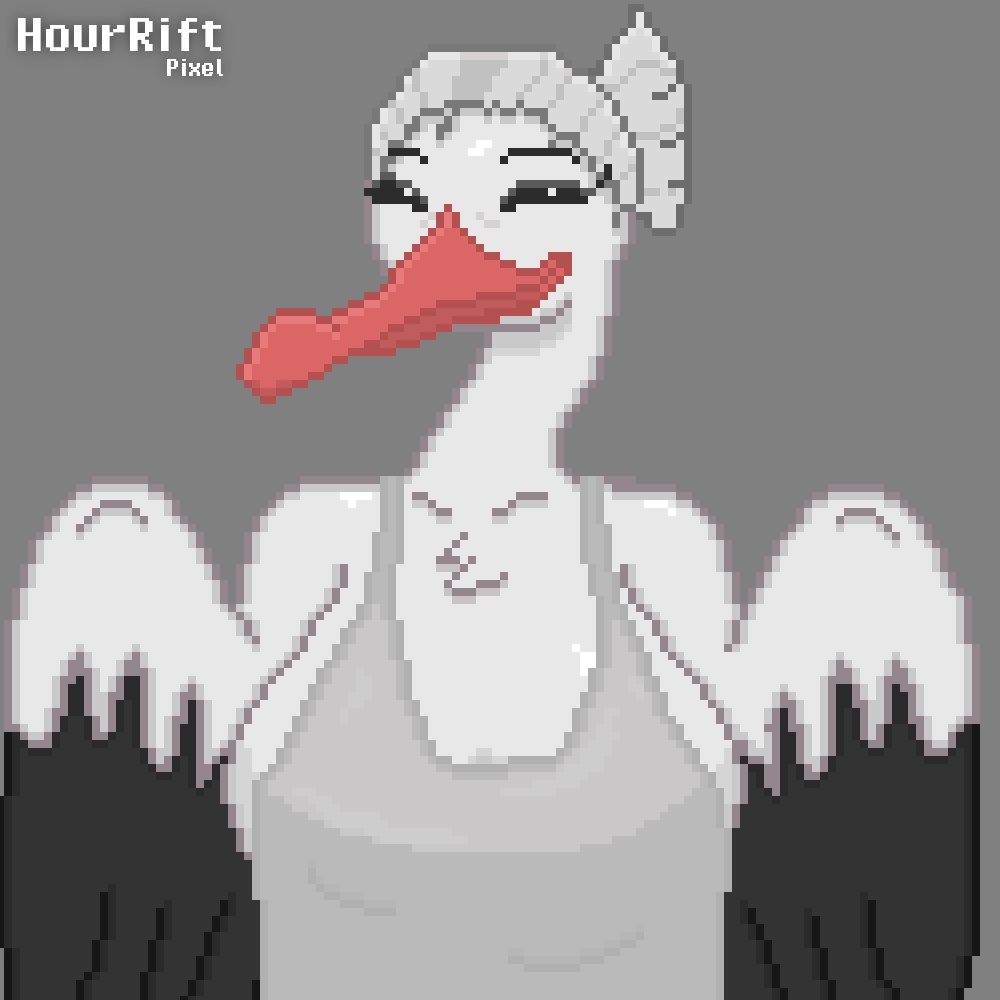 2023 anthro apron beak black_body black_feathers black_sclera bombirdier breasts chest_tuft clothing colored digital_media_(artwork) english_text eyelashes feathers female generation_9_pokemon grey_background hair hourrift_pixel long_neck looking_at_viewer mature_female multicolored_body multicolored_feathers nintendo pink_beak pixel_(artwork) pokemon pokemon_(species) shaded simple_background smile smiling_at_viewer solo text tied_hair tuft two_tone_body two_tone_feathers white_apron white_body white_clothing white_eyes white_feathers white_hair white_tuft winged_arms wings