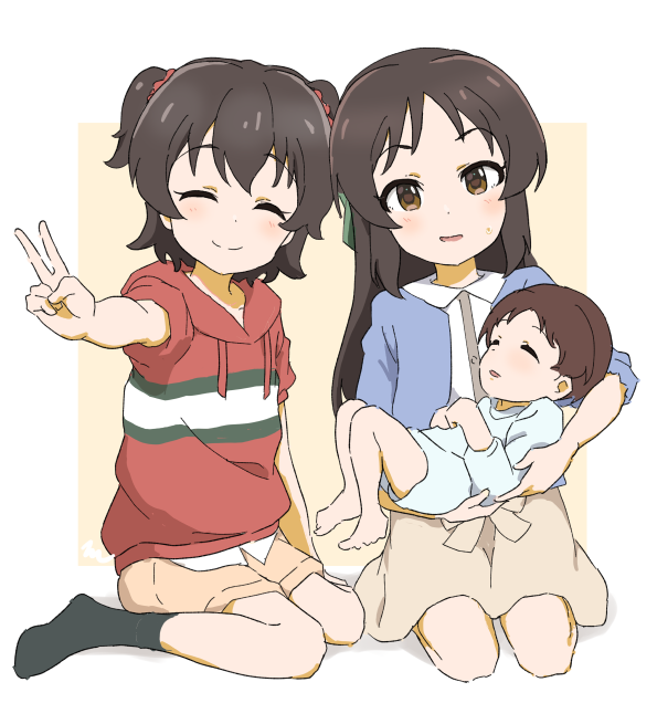 1other 2girls ^_^ aayh akagi_miria black_hair black_socks blue_jacket brown_background brown_eyes brown_shorts brown_skirt closed_eyes closed_mouth collared_shirt commentary_request drawstring dress_shirt facing_viewer holding hood hood_down hoodie idolmaster idolmaster_cinderella_girls idolmaster_cinderella_girls_u149 jacket long_hair looking_at_viewer multiple_girls no_shoes open_clothes open_jacket outstretched_arm red_hoodie shirt shorts sitting skirt socks tachibana_arisu two-tone_background two_side_up v wariza white_background white_shirt