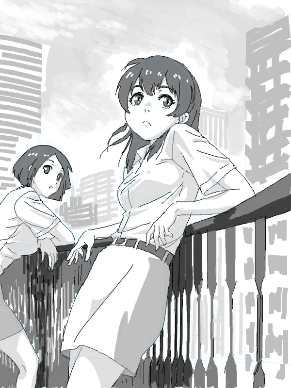 2girls :&lt; against_railing bad_drawr_id bad_id belt building character_request closed_mouth cloud copyright_request francine_(daijaemon) greyscale leaning long_hair looking_at_viewer monochrome multiple_girls oekaki outdoors parted_lips pencil_skirt railing shirt short_hair short_sleeves skirt sky skyscraper standing