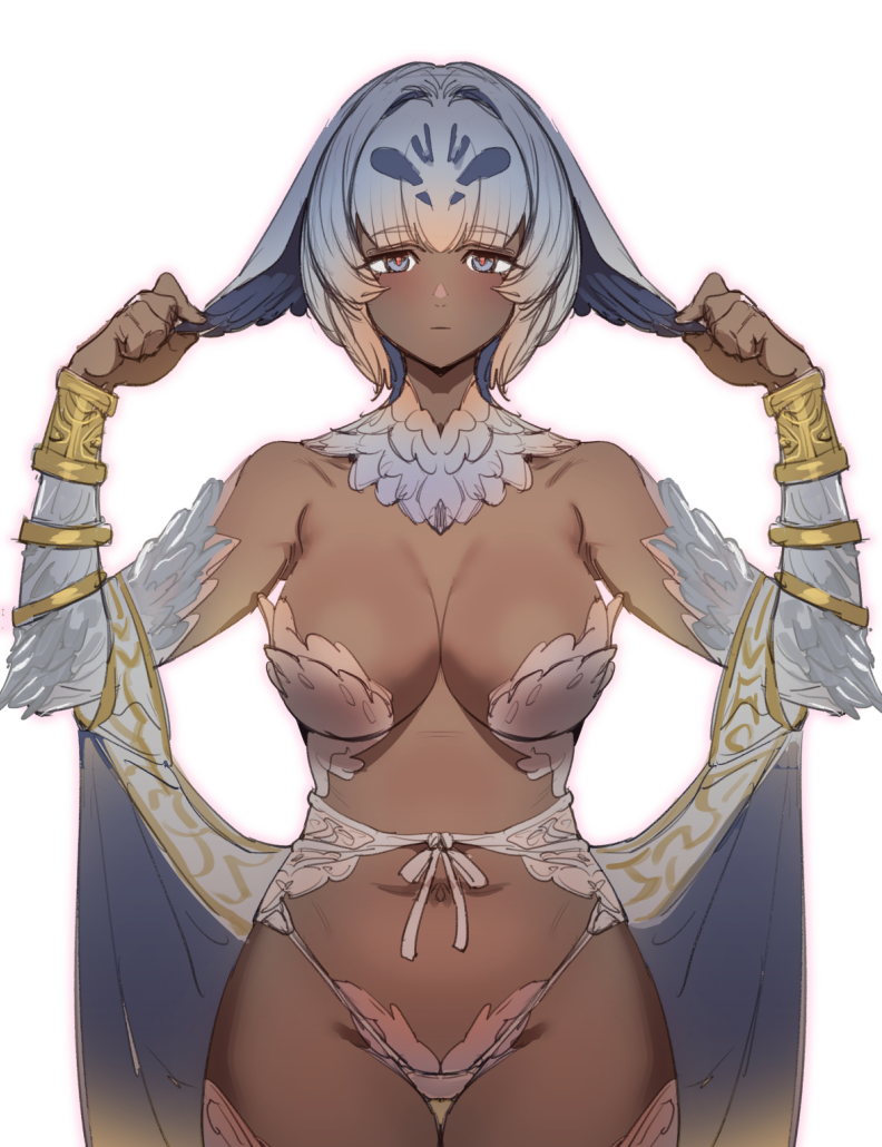 1girl bikini blue_eyes bow_(bhp) breasts cleavage closed_mouth commentary_request copyright_request dark-skinned_female dark_skin grey_hair large_breasts looking_at_viewer navel red_pupils short_hair simple_background solo swimsuit thighs white_background