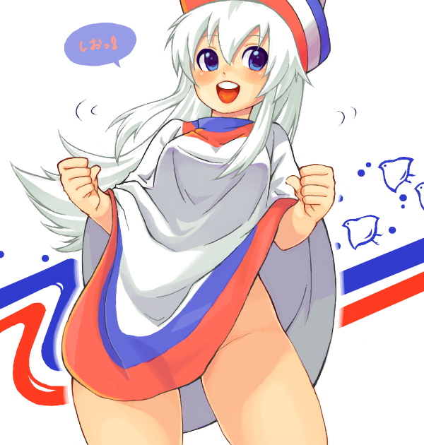 1girl :d bad_drawr_id bad_id blue_eyes blush breasts clothes_lift covered_nipples hakata-san hakata_no_shio hat long_hair looking_at_viewer no_panties oekaki open_mouth pego_(peco_peco) poncho small_breasts smile solo teeth thighs upper_teeth_only white_hair