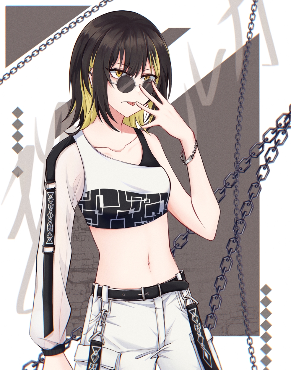 1girl adjusting_eyewear asymmetrical_clothes bare_shoulders belt black_hair blonde_hair bracelet breasts chain collarbone cometik_(idolmaster) crop_top ear_piercing glasses highres idolmaster idolmaster_shiny_colors ikaruga_luca jewelry looking_at_viewer medium_bangs midriff miemie_1016 navel navel_piercing official_alternate_costume over-rim_eyewear pants piercing round_eyewear see-through see-through_sleeves semi-rimless_eyewear shibuya_109 small_breasts sunglasses tongue tongue_out