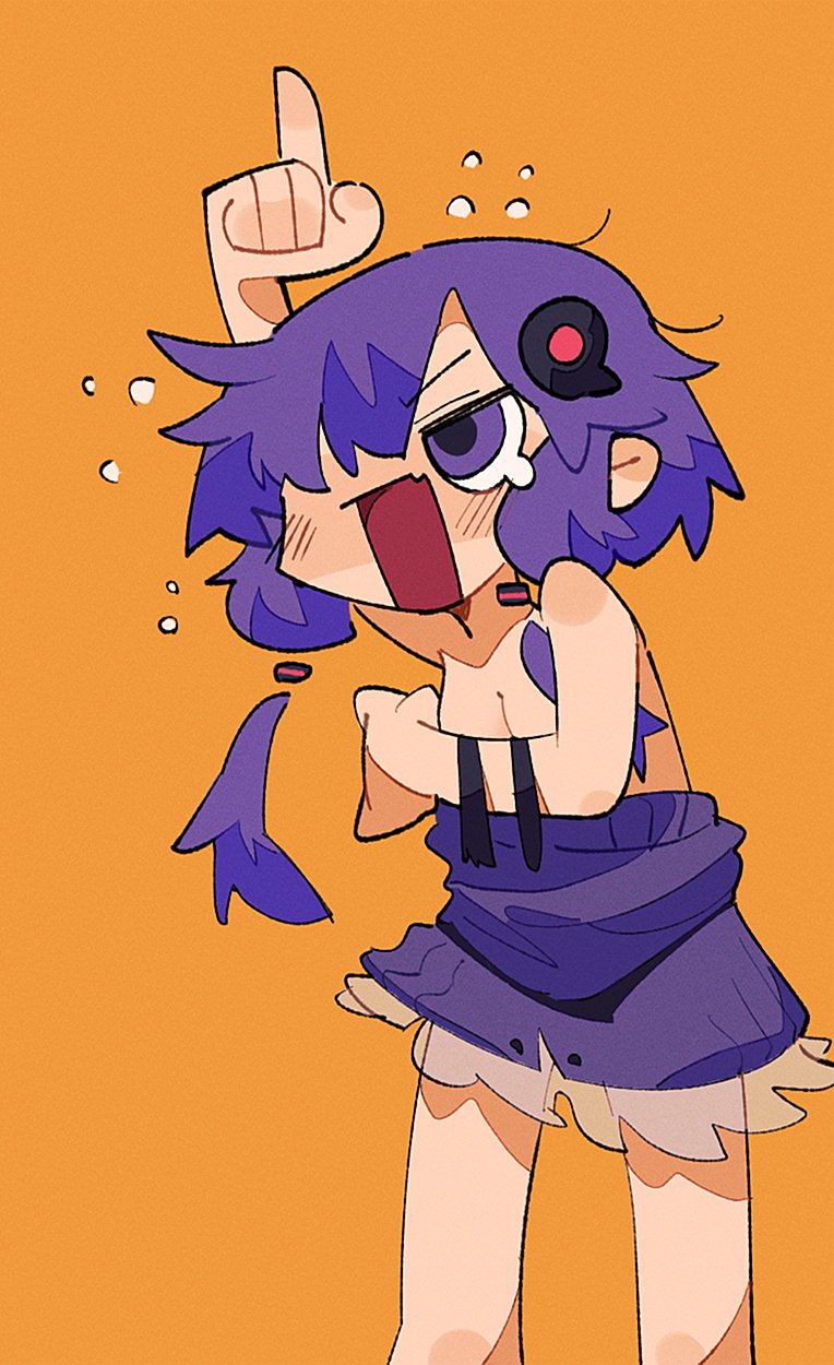 1girl adpx angry arm_up bare_shoulders blush breasts cleavage commentary covering_breasts covering_privates detached_hair dress fang feet_out_of_frame flying_sweatdrops glaring highres no_bra no_jacket open_mouth orange_background pointing pointing_up purple_dress purple_eyes purple_hair short_dress short_hair_with_long_locks sidelocks simple_background skin_fang sleeveless sleeveless_dress small_breasts solo standing symbol-only_commentary tearing_up v-shaped_eyebrows vocaloid voiceroid wardrobe_malfunction yuzuki_yukari