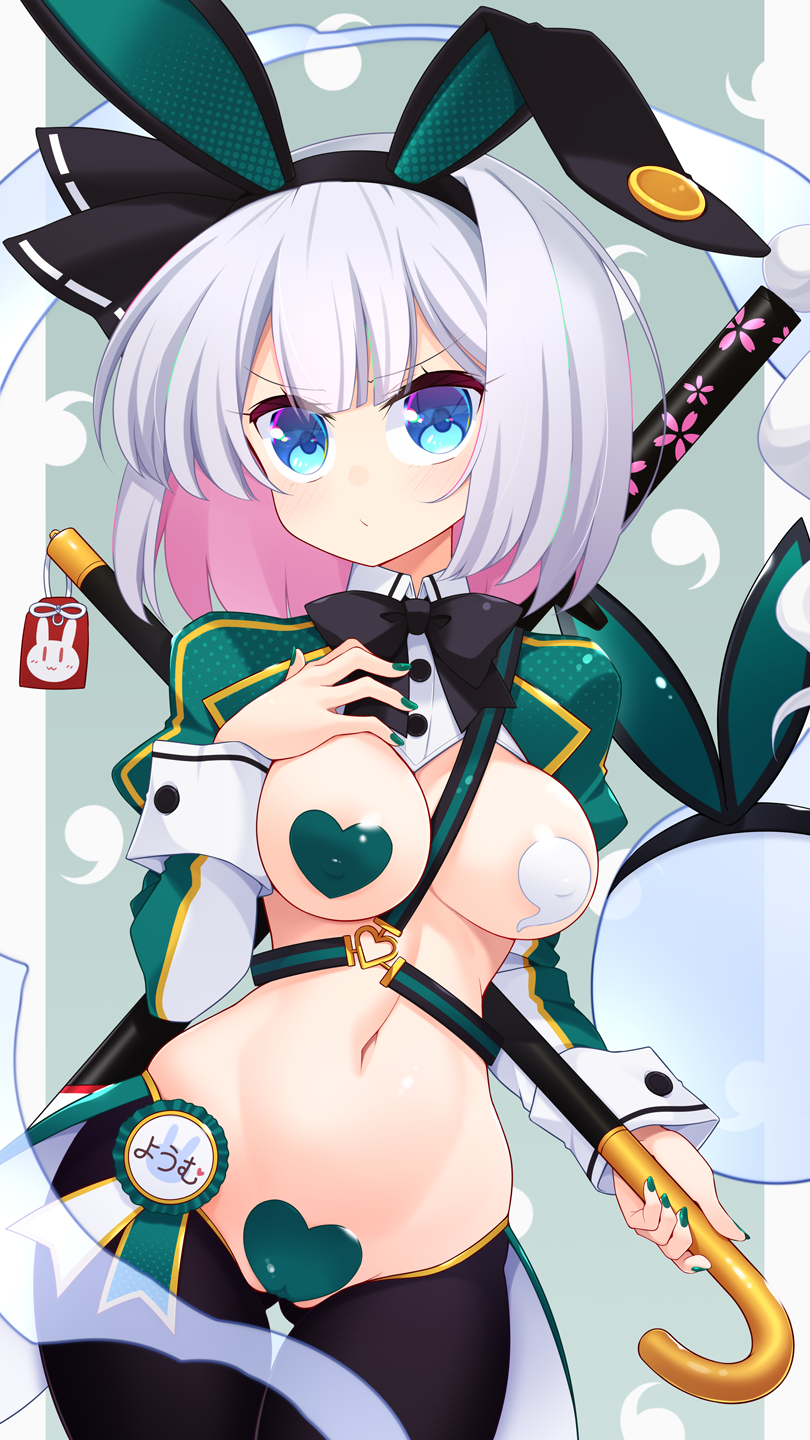 1girl animal_ears aqua_eyes black_bow black_bowtie black_hairband black_thighhighs blush bow bowtie breasts cane closed_mouth colored_inner_hair cowboy_shot ghost green_background green_nails grey_hair hairband heart_pasties highres konpaku_youmu konpaku_youmu_(ghost) large_breasts looking_at_viewer meme_attire muchin_jousha multicolored_hair navel pasties playboy_bunny rabbit_ears reverse_bunnysuit reverse_outfit solo thighhighs touhou v-shaped_eyebrows variant_set