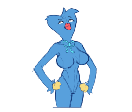 2024 anthro big_breasts black_eyes blue_body blue_bow_ribbon blue_fur bow_ribbon breasts colored crossgender dot_eyes dudles eyebrows eyelashes featureless_breasts female flat_colors fluffy fur huggy_wuggy lips looking_at_viewer low_res mammal monster mtf_crossgender poppy_playtime pursed_lips red_lips simple_background sketch solo standing thick_lips white_background yellow_hands