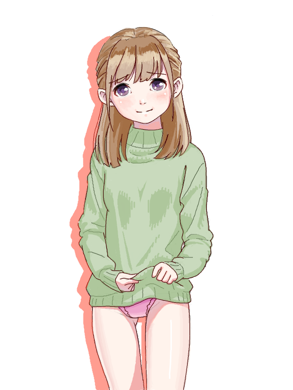 1girl bad_drawr_id bad_id bare_legs blush brown_hair character_request clothes_lift copyright_request drop_shadow francine_(daijaemon) green_sweater lifted_by_self long_hair looking_at_viewer no_pants oekaki panties pink_panties purple_eyes simple_background smile solo standing sweater turtleneck underwear white_background