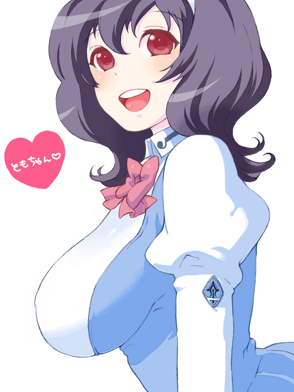 1girl :d bad_drawr_id bad_id black_hair blush bow breasts emblem hairband heart juliet_sleeves large_breasts long_sleeves looking_at_viewer oekaki open_mouth pego_(peco_peco) puffy_sleeves purple_hair red_eyes school_uniform seikon_no_qwaser simple_background smile solo teeth upper_body upper_teeth_only white_background yamanobe_tomo