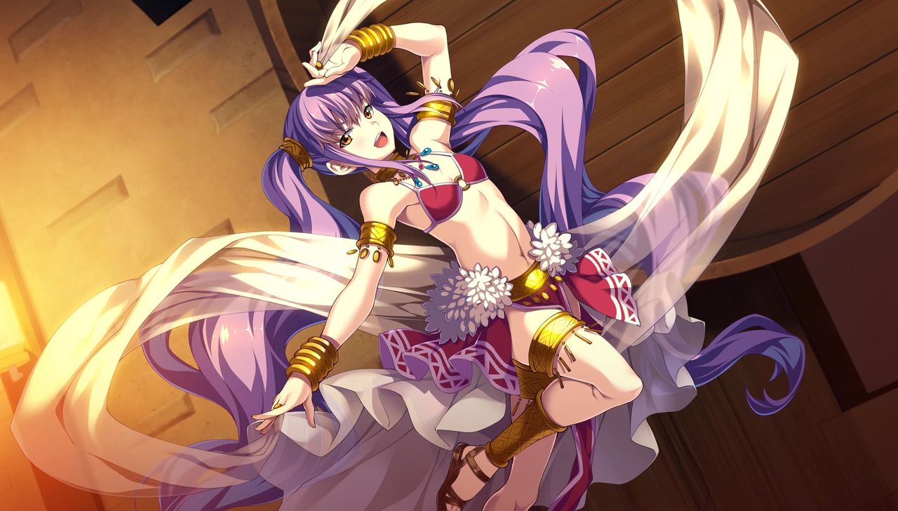 1girl alice_liddell_millar_(silverio_trinity) anklet arm_up armlet bare_shoulders bikini bikini_top_only bracelet dancer dancing game_cg gold_collar hair_ornament jewelry long_hair navel necklace official_art open_mouth pelvic_curtain purple_hair sandals see-through see-through_shawl shawl silverio_trinity smile solo swimsuit thighhighs twintails yellow_eyes