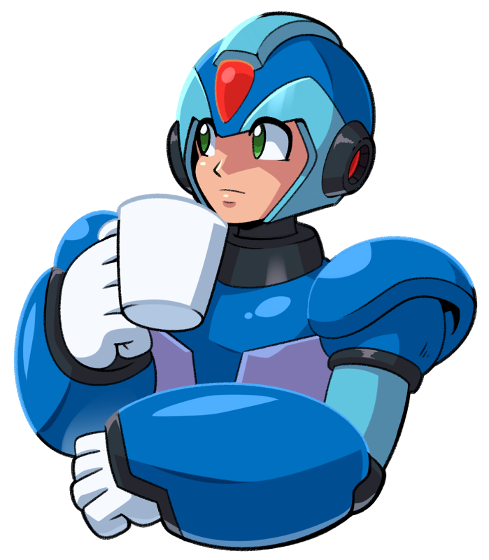 1boy armor blue_armor blue_helmet cup forehead_jewel green_eyes holding holding_cup hyoumaru looking_to_the_side mega_man_(series) mega_man_x_(series) shoulder_armor simple_background solo transparent_background upper_body x_(mega_man)