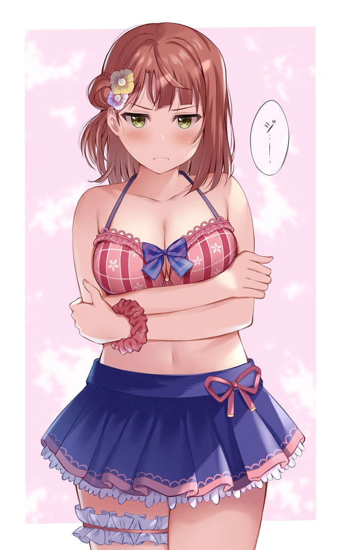 1girl :i arms_under_breasts bikini blue_skirt blush border breasts cleavage closed_mouth collarbone commentary_request crossed_arms flower frilled_skirt frills glaring hair_bun hair_flower hair_ornament looking_at_viewer love_live! love_live!_nijigasaki_high_school_idol_club medium_breasts midriff navel pink_background pleated_skirt pout red_bikini red_hair red_scrunchie reminiscence202 scrunchie single_side_bun skirt solo speech_bubble standing swimsuit thigh_strap translation_request uehara_ayumu upper_body v-shaped_eyebrows white_border wrist_scrunchie yellow_eyes