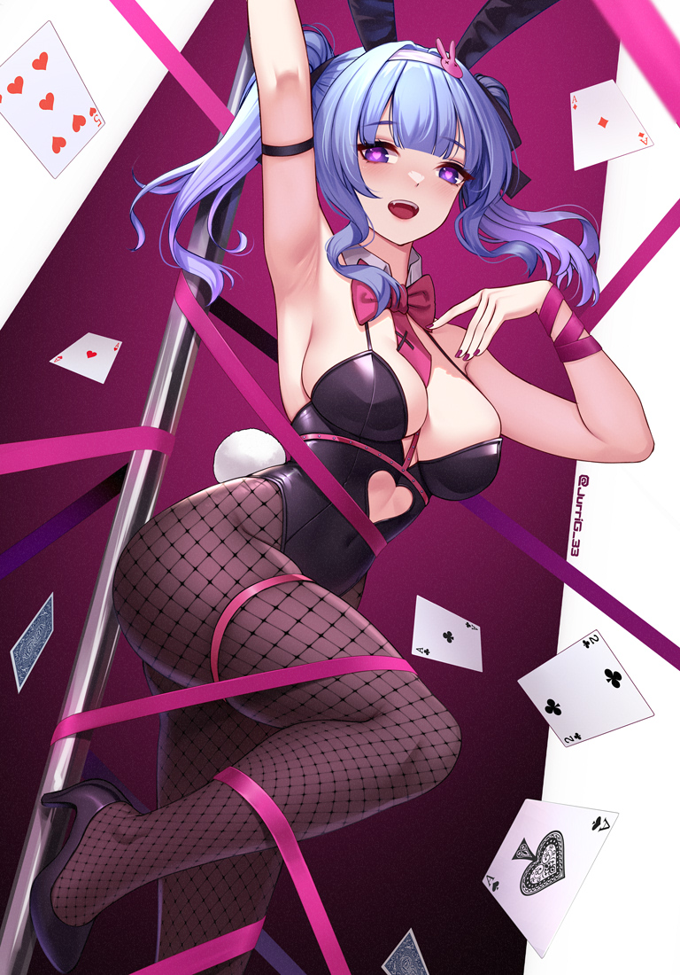 1girl :d ace_(playing_card) ace_of_diamonds ace_of_spades animal_ears arm_ribbon arm_strap arm_up armpits ass bare_shoulders between_breasts black_leotard blonde_hair blush bow bowtie breasts card cleavage clothing_cutout covered_navel detached_collar diamond_(shape) fang fishnet_pantyhose fishnets from_below gradient_hair hair_between_eyes hair_ornament hairband hand_on_own_chest hand_up hatsune_miku heart heart-shaped_pupils heart_cutout high_heels hip_focus jurrig leg_ribbon leg_up legs leotard long_hair looking_at_viewer looking_down medium_breasts midriff_peek multicolored_hair nail_polish necktie necktie_between_breasts outstretched_arm pantyhose pink_bow pink_bowtie playing_card pole purple_eyes purple_nails purple_ribbon rabbit_ears rabbit_girl rabbit_hair_ornament rabbit_hole_(vocaloid) rabbit_tail ribbon skindentation smile solo spade_(shape) spaghetti_strap standing standing_on_one_leg stripper_pole symbol-shaped_pupils tail thighs twintails vocaloid white_hairband