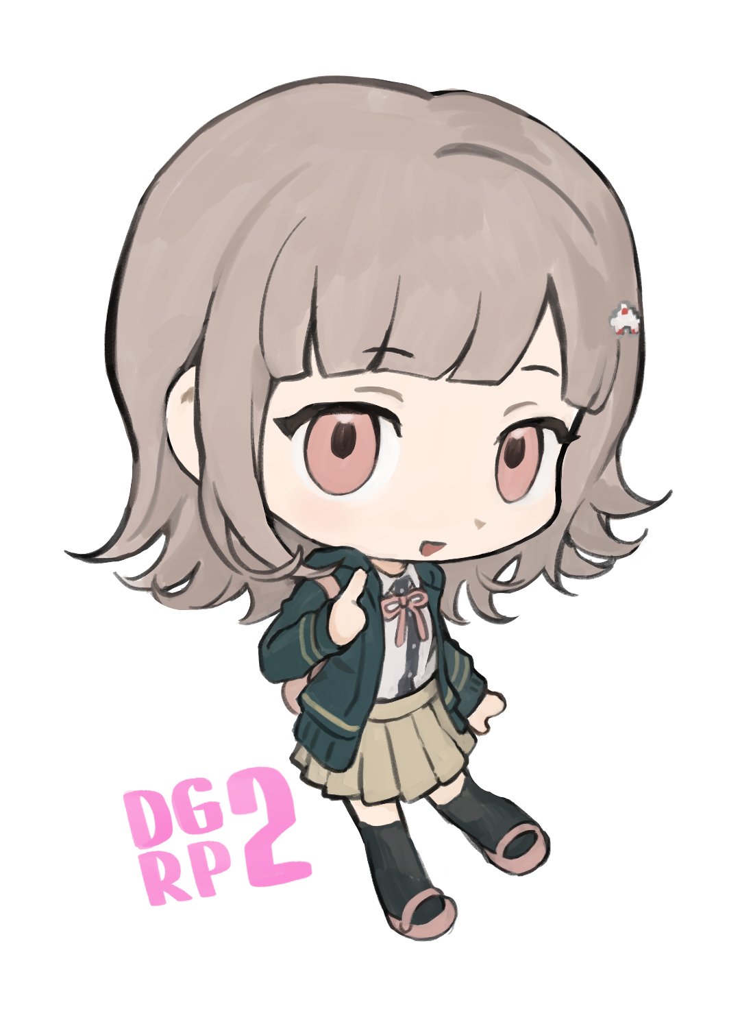 1girl 37hamham :d black_shirt black_thighhighs brown_hair brown_skirt chibi danganronpa_(series) danganronpa_2:_goodbye_despair dress_shirt flipped_hair full_body grey_shirt highres hood hood_down hooded_jacket index_finger_raised jacket medium_hair miniskirt nanami_chiaki neck_ribbon open_clothes open_jacket open_mouth pink_eyes pink_footwear pink_ribbon pleated_skirt ribbon shirt simple_background skirt smile solo spaceship_hair_ornament thighhighs white_background