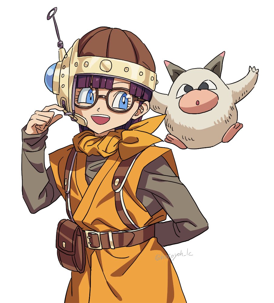 1girl antennae arm_behind_back belt blue_eyes blunt_bangs brown_belt chrono_trigger creature glasses grey_shirt headset helmet hosodayo kilwala long_sleeves lucca_ashtear neckerchief open_mouth orange_neckerchief orange_tunic purple_hair shirt smile twitter_username upper_body white_background white_fur