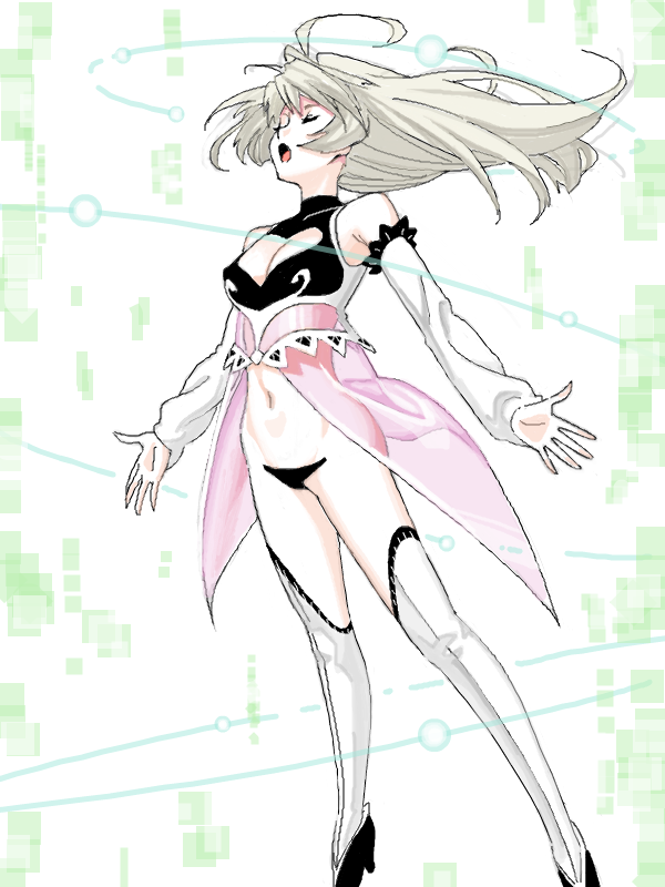 1girl :o bad_drawr_id bad_id bare_shoulders black_footwear blonde_hair boots breasts character_request cleavage closed_eyes clothing_cutout copyright_request detached_sleeves floating floating_hair francine_(daijaemon) full_body green_background high_heels long_hair medium_breasts navel oekaki open_hands open_mouth solo thigh_boots thighhighs two-tone_background white_background white_thighhighs