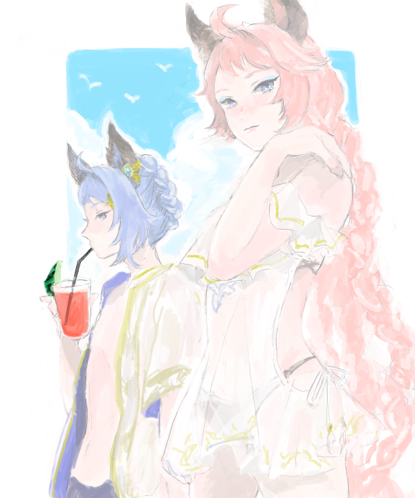 1boy 1girl ahoge androgynous animal_ears bad_drawr_id bad_id bare_arms bikini bird blue_background blue_eyes blue_hair border braid brother_and_sister cloud cowboy_shot cup drink drinking drinking_straw drinking_straw_in_mouth erune feower_(granblue_fantasy) granblue_fantasy hand_up long_hair looking_at_viewer male_swimwear oekaki outline outside_border pink_hair ruq237 short_hair siblings sidelocks sky standing swimsuit tien_(granblue_fantasy) twin_braids very_long_hair white_border white_outline
