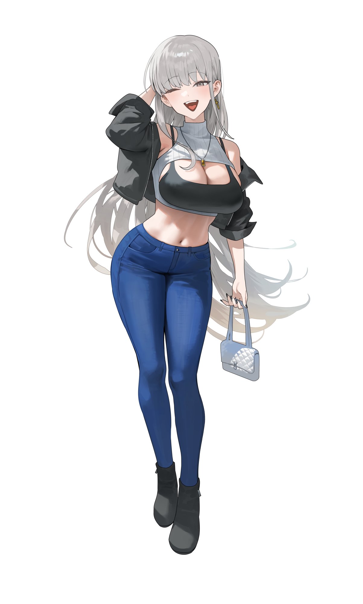 1girl ;d bag bare_shoulders black_footwear black_jacket breasts cleavage commentary crop_top cropped_jacket denim full_body grey_eyes grey_hair handbag highres holding holding_bag hood_(james_x) jacket jeans large_breasts long_hair looking_at_viewer midriff navel off_shoulder one_eye_closed open_clothes open_jacket open_mouth original pants shoes simple_background smile solo standing stomach thighs very_long_hair white_background