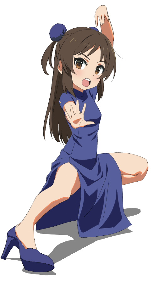 1girl blue_dress blush breasts brown_eyes brown_hair bun_cover china_dress chinese_clothes double_bun dress fighting_stance full_body hair_bun high_heels idolmaster idolmaster_cinderella_girls long_hair looking_at_viewer open_mouth papiyon1297 simple_background small_breasts solo tachibana_arisu white_background