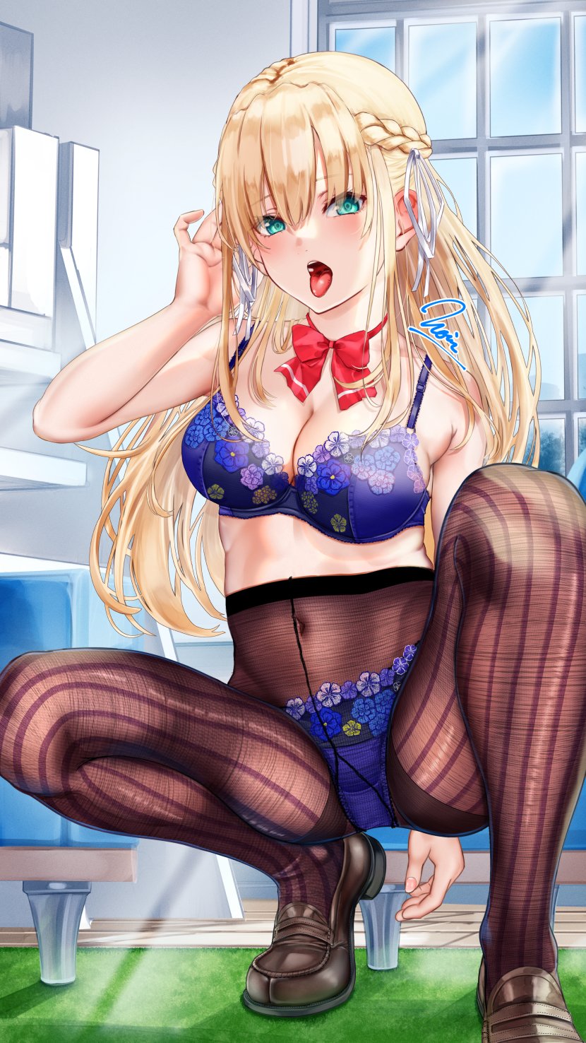 1girl blonde_hair bow bra braid breasts cleavage commission green_eyes heaven_burns_red highres indoors large_breasts long_hair looking_at_viewer midriff noir_(nowaru) panties purple_bra purple_panties red_bow ribbon sexually_suggestive skeb_commission striped_clothes striped_thighhighs thighhighs tongue tongue_out toujou_tsukasa underwear vertical-striped_clothes vertical-striped_thighhighs white_ribbon