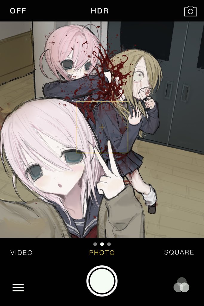 3girls :o blonde_hair blood blood_on_clothes blush cardigan constricted_pupils covering_another's_mouth crying crying_with_eyes_open fake_phone_screenshot fake_screenshot grey_eyes holding holding_knife indoors injury knife looking_at_viewer multiple_girls murder neckerchief open_mouth original pink_hair pleated_skirt ppj705904378810 red_neckerchief school school_uniform selfie serafuku skirt stab tears v